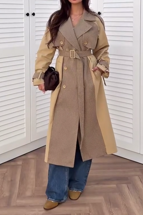 Womens Casual Plaid Contrast Color Panel Long Trench Coat