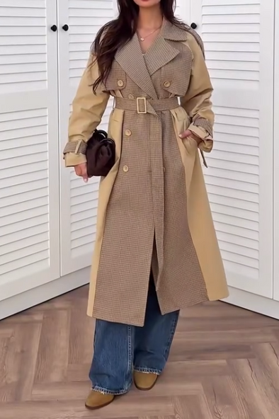 Womens Casual Plaid Contrast Color Panel Long Trench Coat