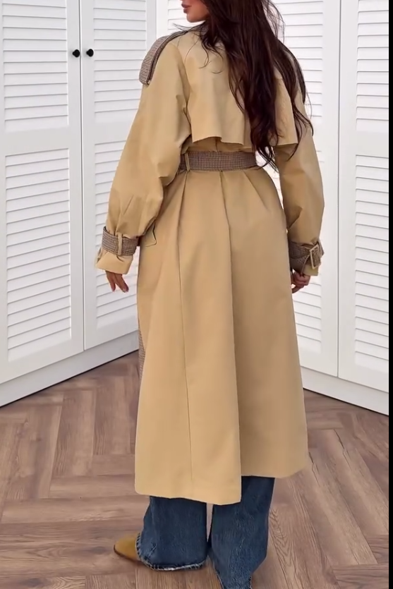Womens Casual Plaid Contrast Color Panel Long Trench Coat