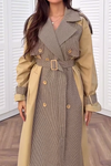 Womens Casual Plaid Contrast Color Panel Long Trench Coat