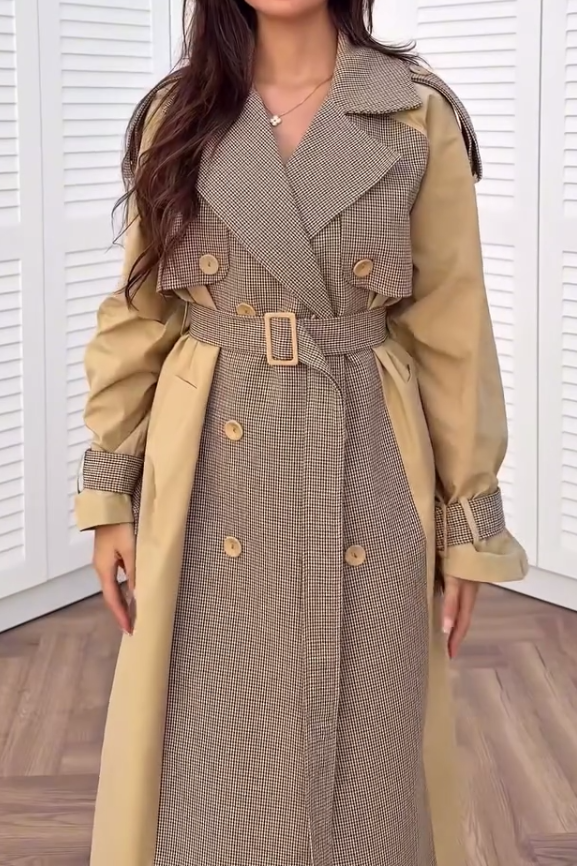 Womens Casual Plaid Contrast Color Panel Long Trench Coat