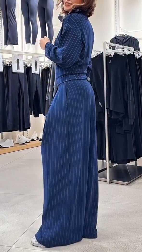 Women's Lapel Zipper Striped Casual Sweatshirt Suit