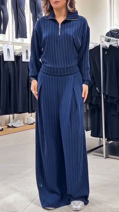 Women's Lapel Zipper Striped Casual Sweatshirt Suit