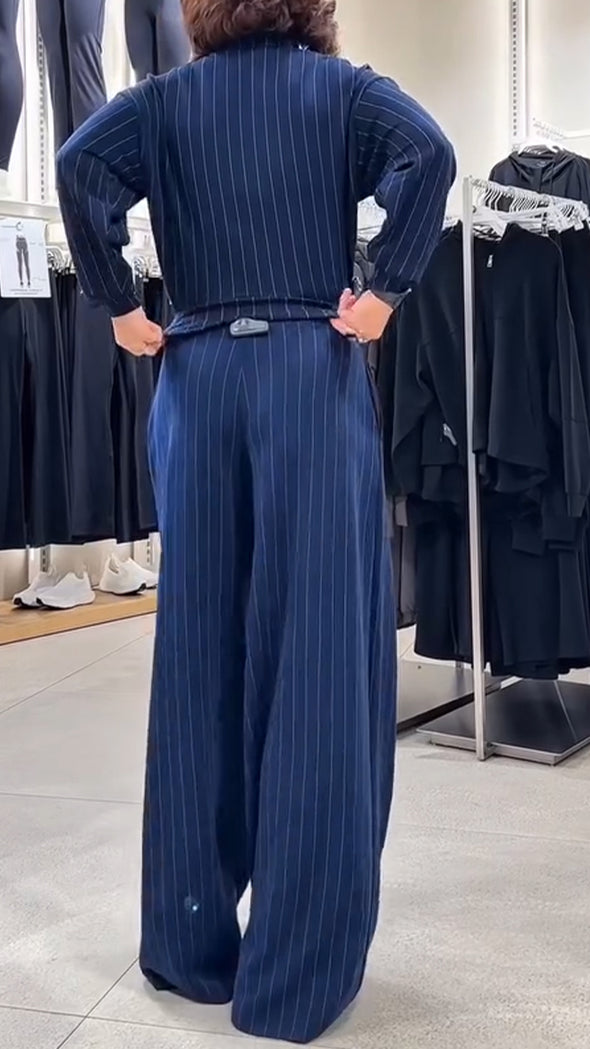 Women's Lapel Zipper Striped Casual Sweatshirt Suit