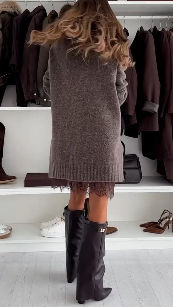 Women's Turtleneck Sweater + Lace Patchwork Dress Casual Suit