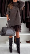 Women's Turtleneck Sweater + Lace Patchwork Dress Casual Suit