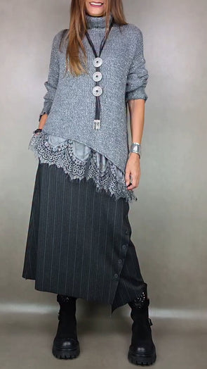 Women's Lace Patchwork Sweater + Striped Skirt Casual Suit
