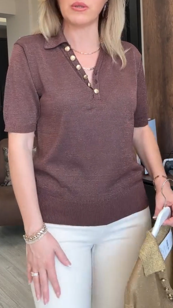 Women's Lapel Casual Gold Thread Knitted Top