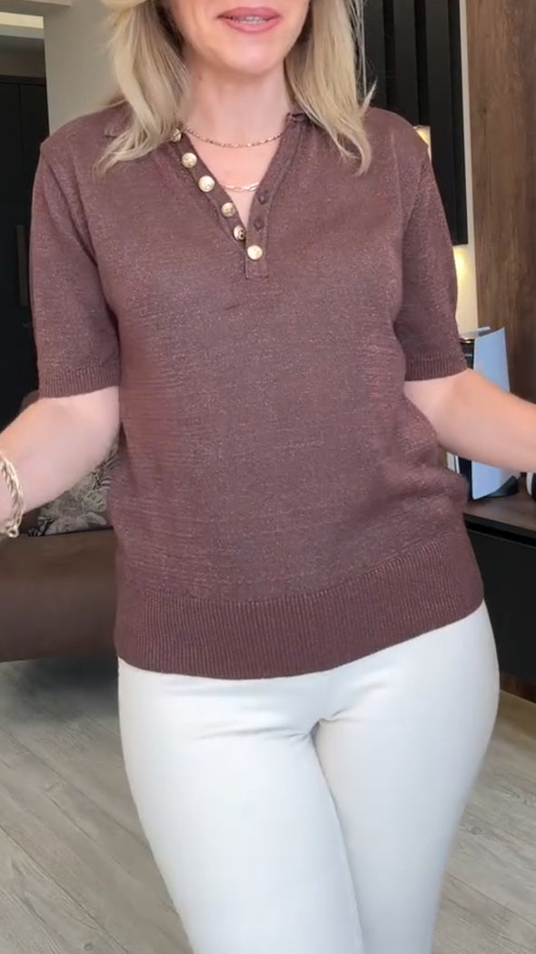 Women's Lapel Casual Gold Thread Knitted Top