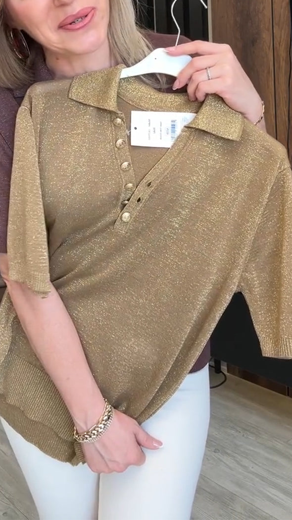 Women's Lapel Casual Gold Thread Knitted Top