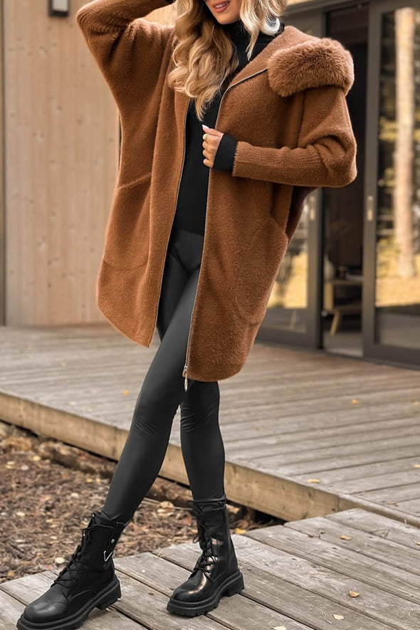Women Fur Collar Hooded Solid Color Casual Coat