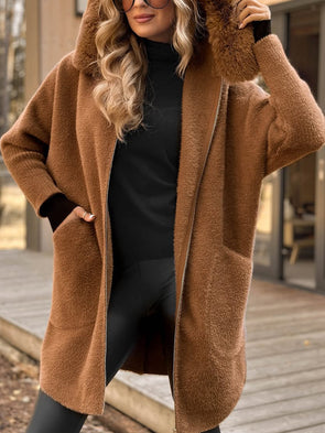 Women Fur Collar Hooded Solid Color Casual Coat