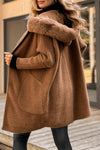 Women Fur Collar Hooded Solid Color Casual Coat
