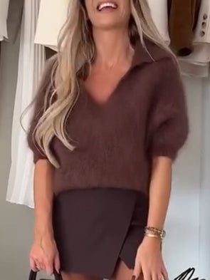 Women Lapel Plush Solid Color Casual Top