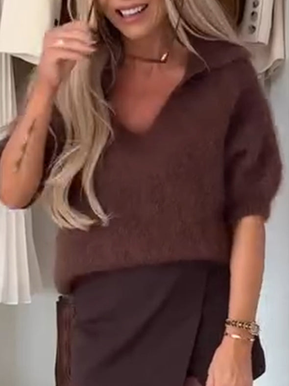 Women Lapel Plush Solid Color Casual Top