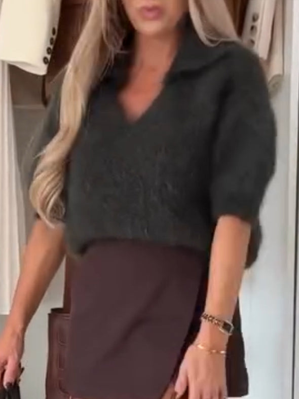 Women Lapel Plush Solid Color Casual Top