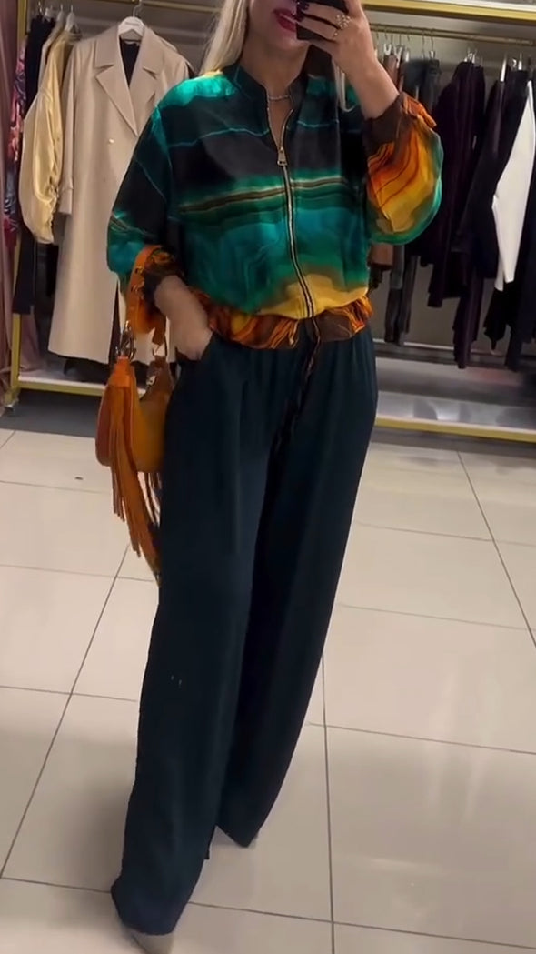 Women Round Neck Zippered Gradient Jacket + Pants Casual Suit
