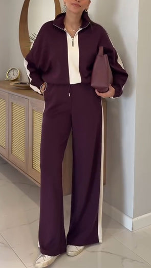 Women Lapel Half-zip Top + Pants Casual Suit