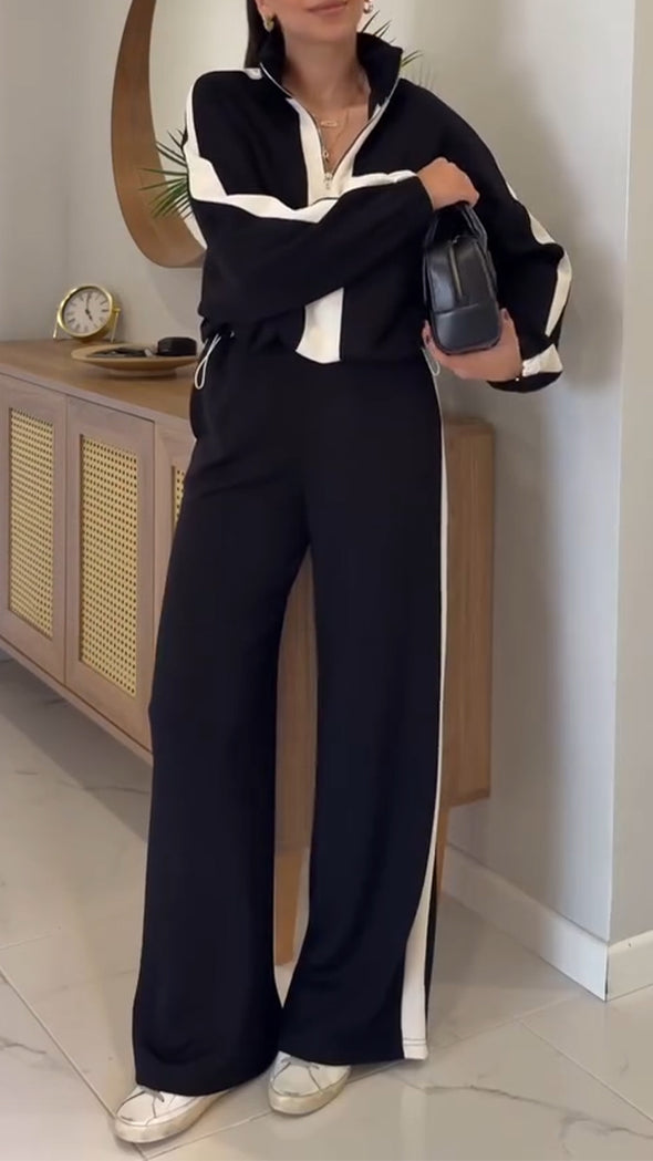 Women Lapel Half-zip Top + Pants Casual Suit