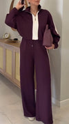Women Lapel Half-zip Top + Pants Casual Suit