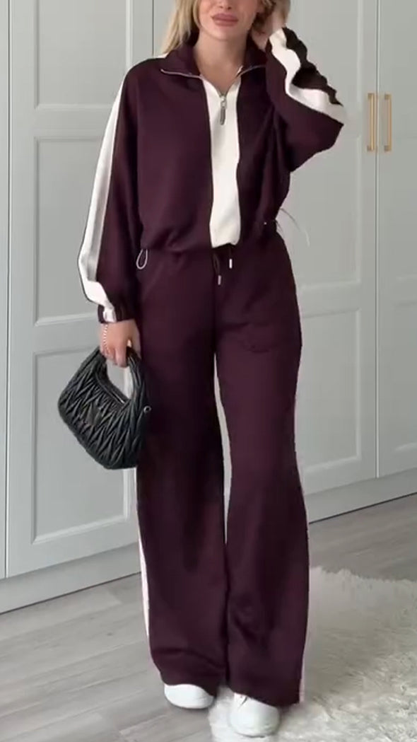 Women Lapel Half-zip Top + Pants Casual Suit
