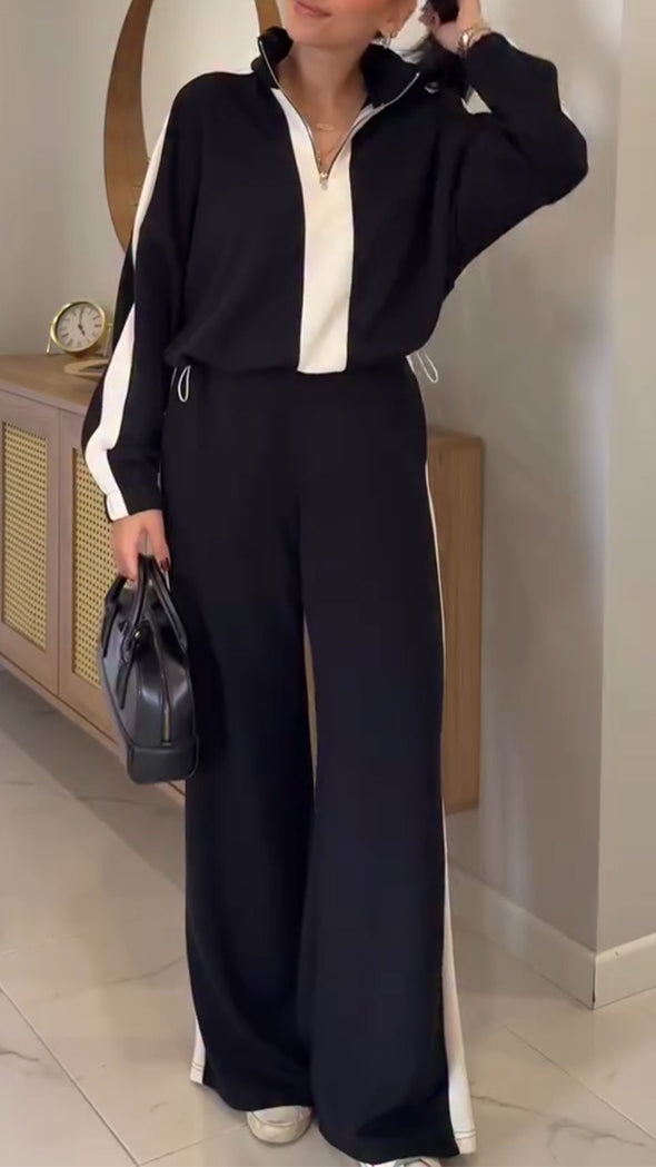 Women Lapel Half-zip Top + Pants Casual Suit