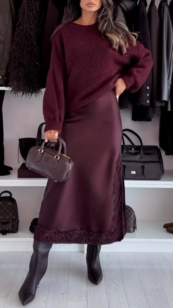 Women Inner Suspender Dress + Knitted Sweater Solid Color Casual Suit