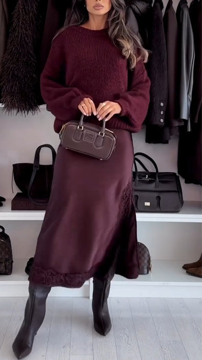 Women Inner Suspender Dress + Knitted Sweater Solid Color Casual Suit