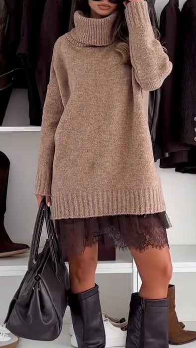 Women High-neck Knitted Patchwork Casual Sweater Dress