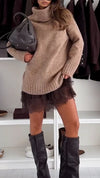 Women High-neck Knitted Patchwork Casual Sweater Dress