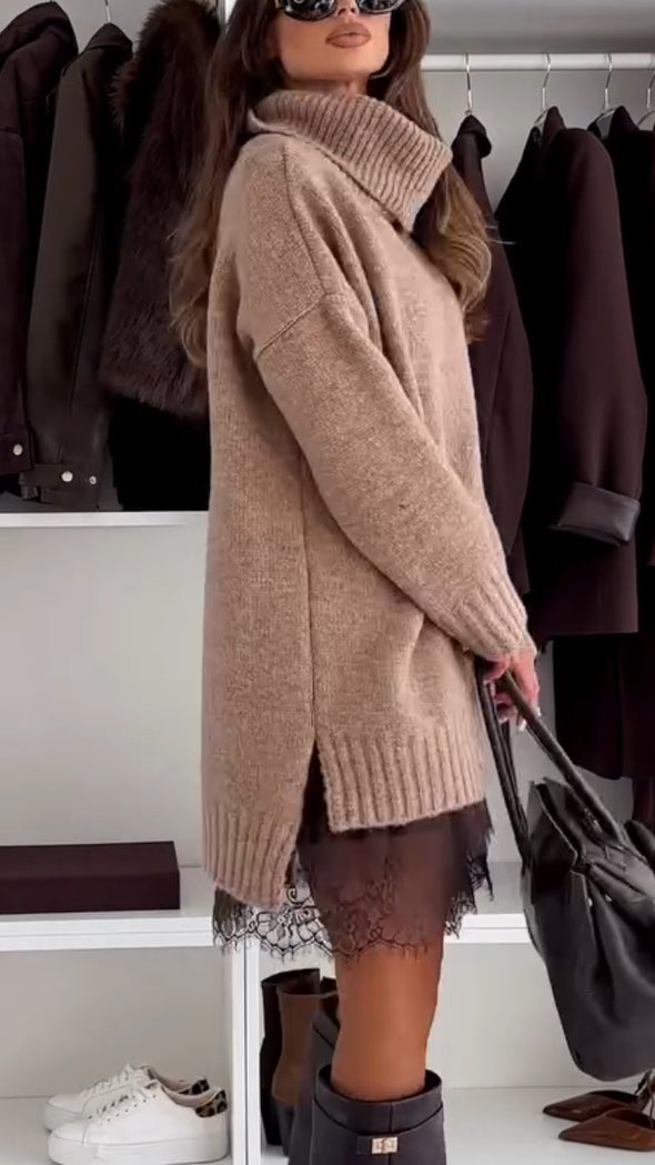Women High-neck Knitted Patchwork Casual Sweater Dress