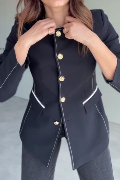 Women Elegant Office Round Neck Contrast Color Blazer