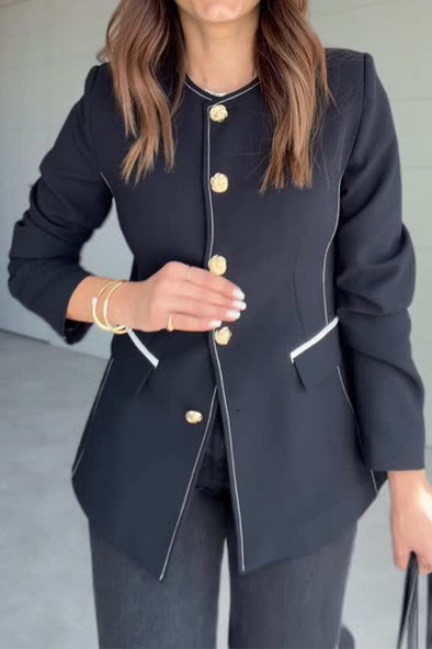 Women Elegant Office Round Neck Contrast Color Blazer