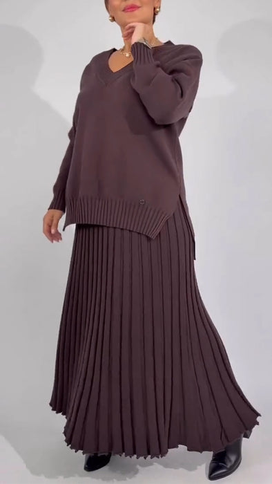 Women V-neck Sweatshirt + Pleated Skirt Solid Color Casual Suit