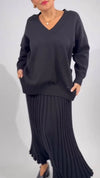 Women V-neck Sweatshirt + Pleated Skirt Solid Color Casual Suit
