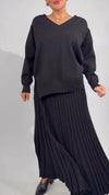 Women V-neck Sweatshirt + Pleated Skirt Solid Color Casual Suit