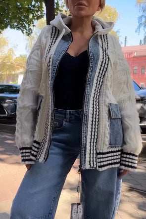 Women Knitted Patchwork Denim Hooded Casual Coat