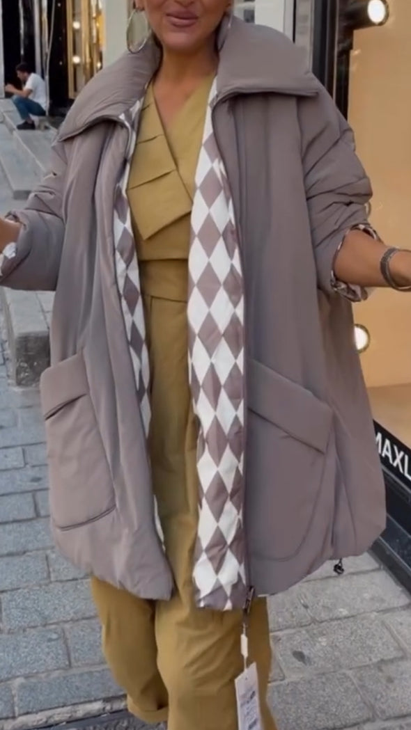 Women Lapel Internal Grid Pattern Style Casual Cotton Jacket