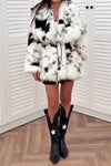 Women Cow Print Long Fur Large Lapel Plush Coat