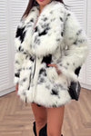 Women Cow Print Long Fur Large Lapel Plush Coat