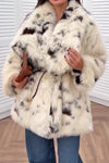 Women Cow Print Long Fur Large Lapel Plush Coat