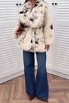 Women Cow Print Long Fur Large Lapel Plush Coat