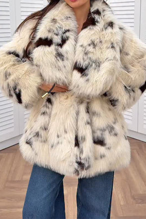 Women Cow Print Long Fur Large Lapel Plush Coat