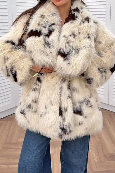 Women Cow Print Long Fur Large Lapel Plush Coat