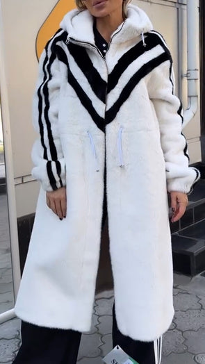 Women Hooded Vertical Striped Plush Casual Coat
