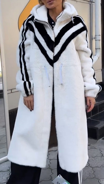 Women Hooded Vertical Striped Plush Casual Coat