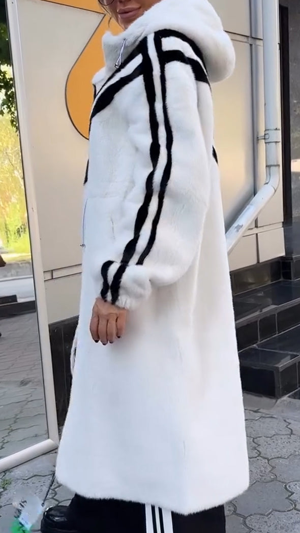 Women Hooded Vertical Striped Plush Casual Coat