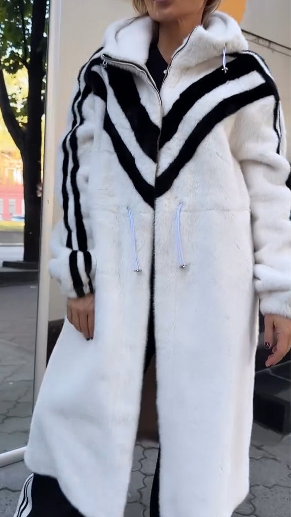 Women Hooded Vertical Striped Plush Casual Coat