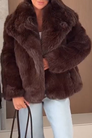 Women Lapel Plush Solid Color Casual Coat
