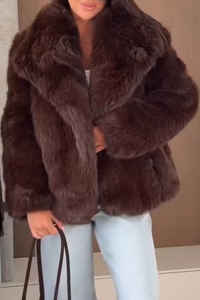 Women Lapel Plush Solid Color Casual Coat